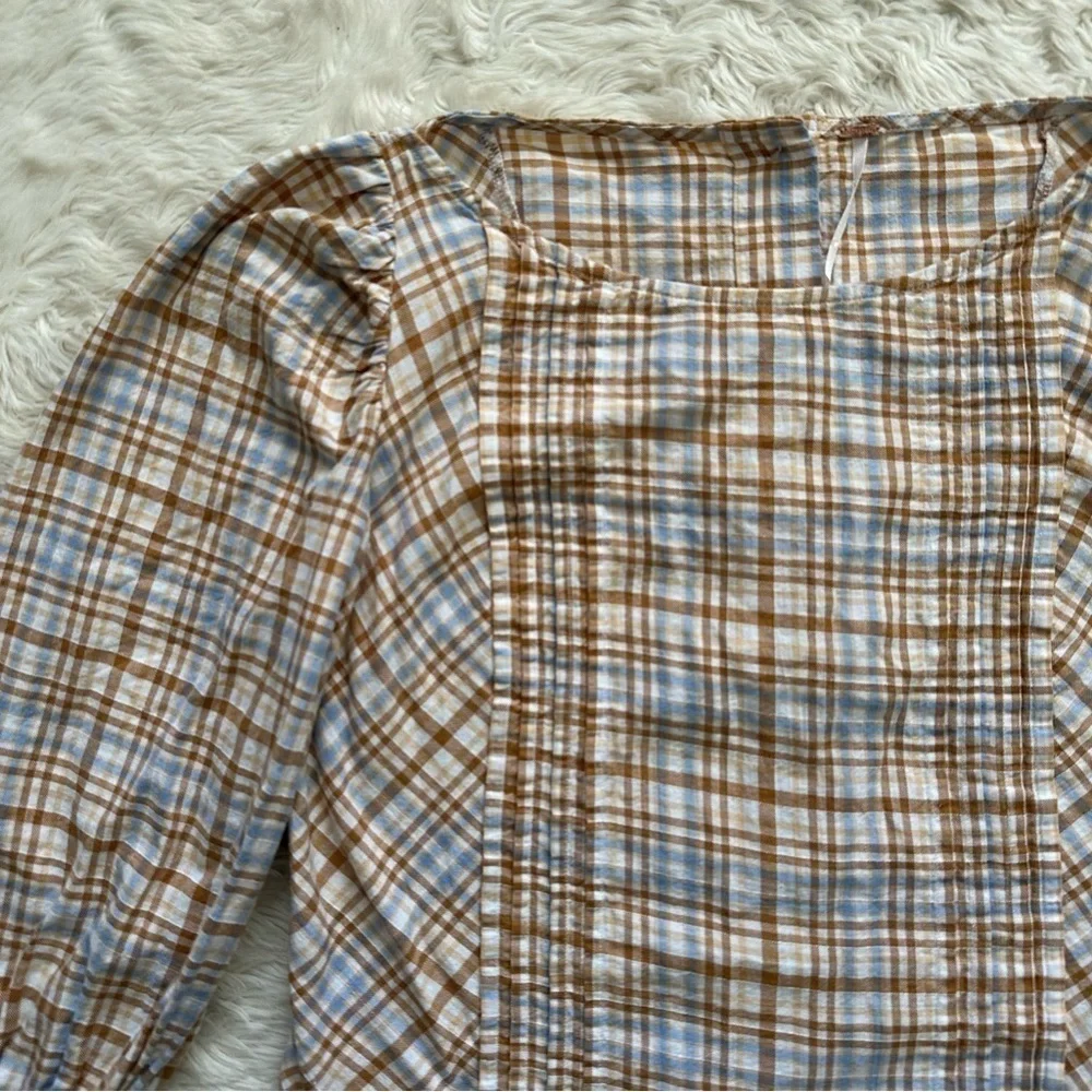 Free People Top Button Back Puff Sleeve Plaid Tan Blue S